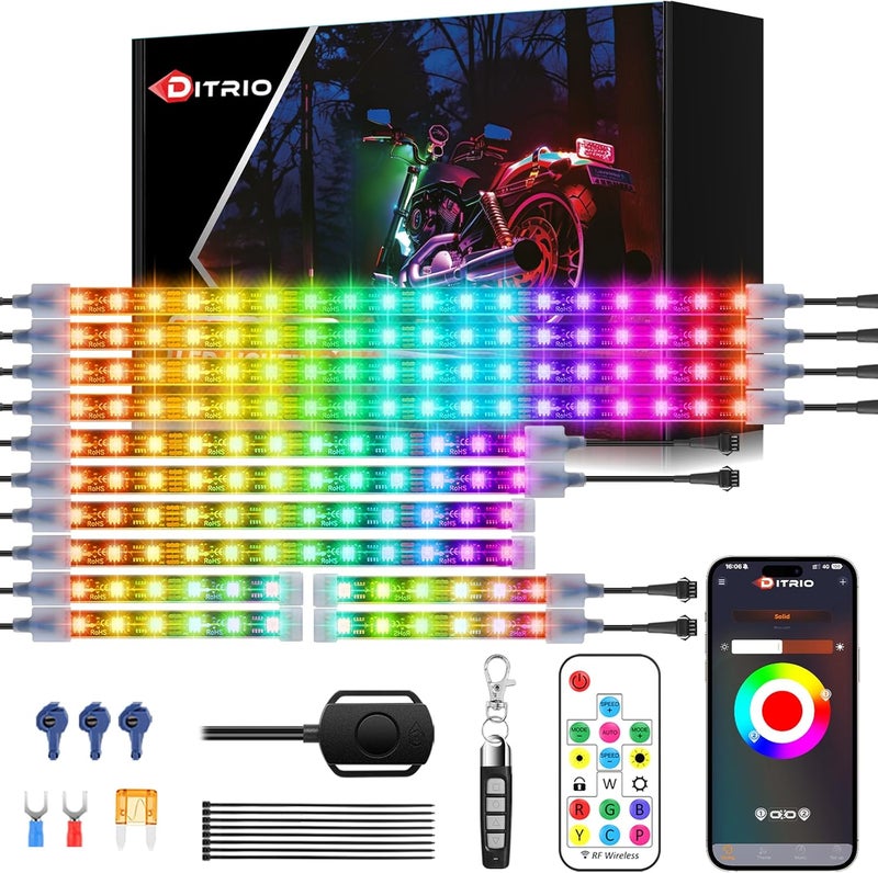 DITRIO 12pcs Underglow LED Strip Light Kit with APP Control, Dual Zone, Brake Turn Signal, 12V Waterproof Pixelglow Effects for Motorcycles, Trikes, Golf Carts, ATVs, UTVs - M12AP - Image 1